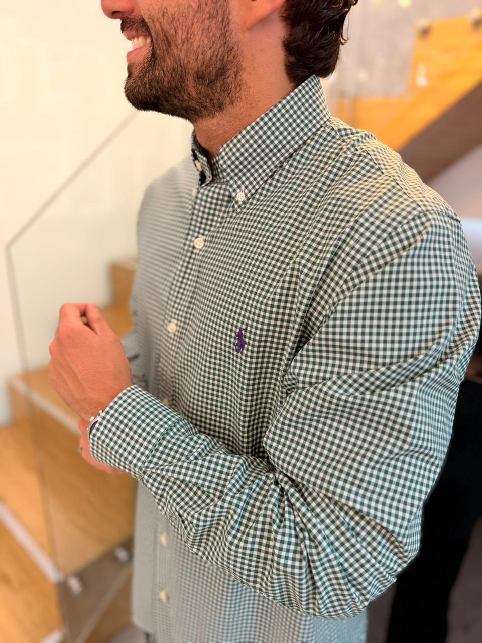 Camisa Polo R.L hombre Algodón Cuadros Verdes Con Blanco Caballo Morado