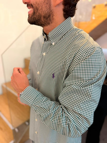 Camisa Polo R.L hombre Algodón Cuadros Verdes Con Blanco Caballo Morado