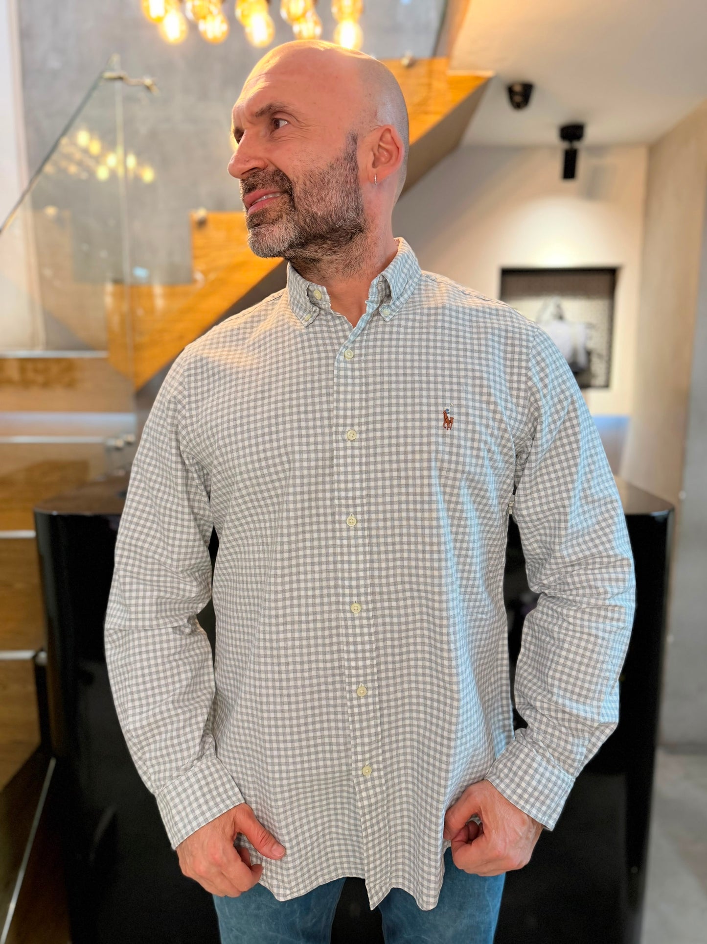 Camisa Polo R.L hombre Oxford Cuadros Grises Caballo Multicolor