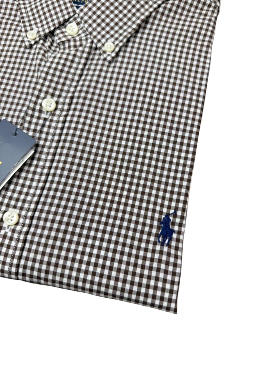 Camisa Polo R.L hombre Algodón Slim Fit Cuadros Cafés Caballo Azul