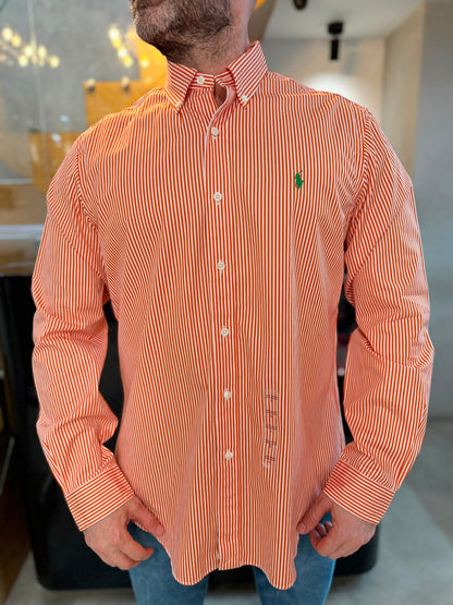 Camisa Polo R.L hombre Algodón Rayas Naranjas Con Blanco Caballo Verde