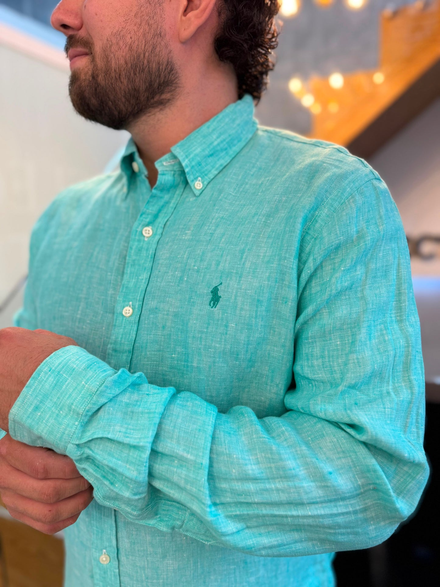 Camisa Polo R.L hombre Lino Verde Menta Caballo Verde Menta