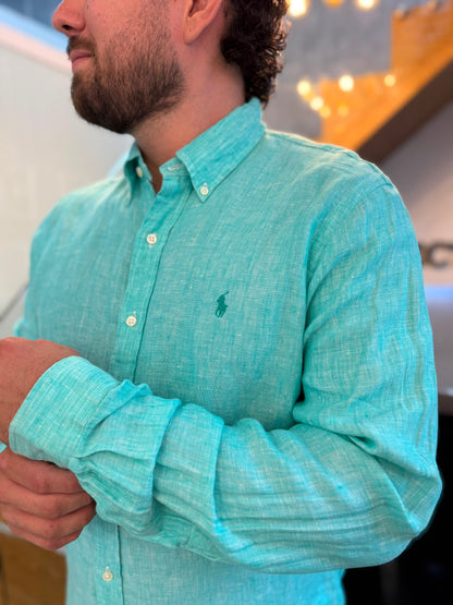 Camisa Polo R.L hombre Lino Verde Menta Caballo Verde Menta