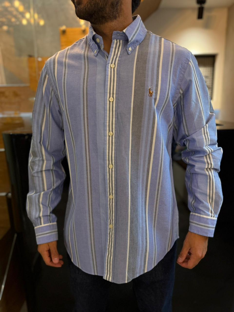 Camisa Polo R.L hombre Oxford Rayas Azules Caballo Multicolor