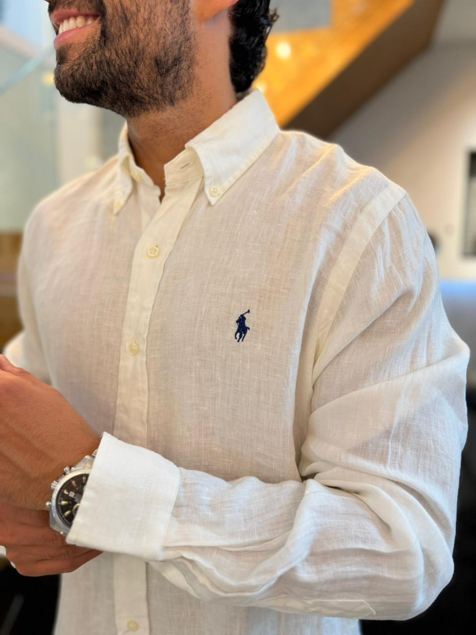 Camisa Polo R.L hombre Lino Blanca Caballo Azul