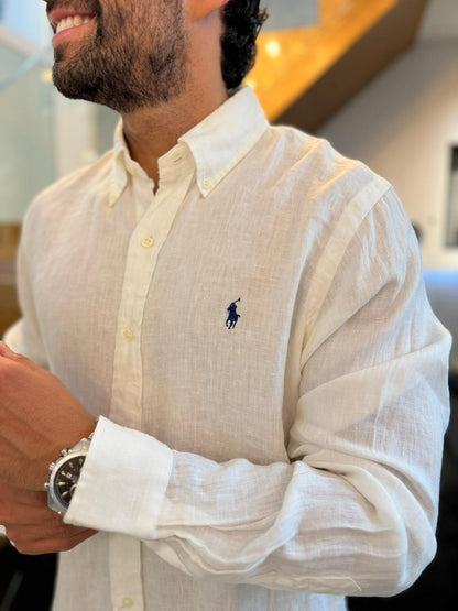 Camisa Polo R.L hombre Lino Blanca Caballo Azul