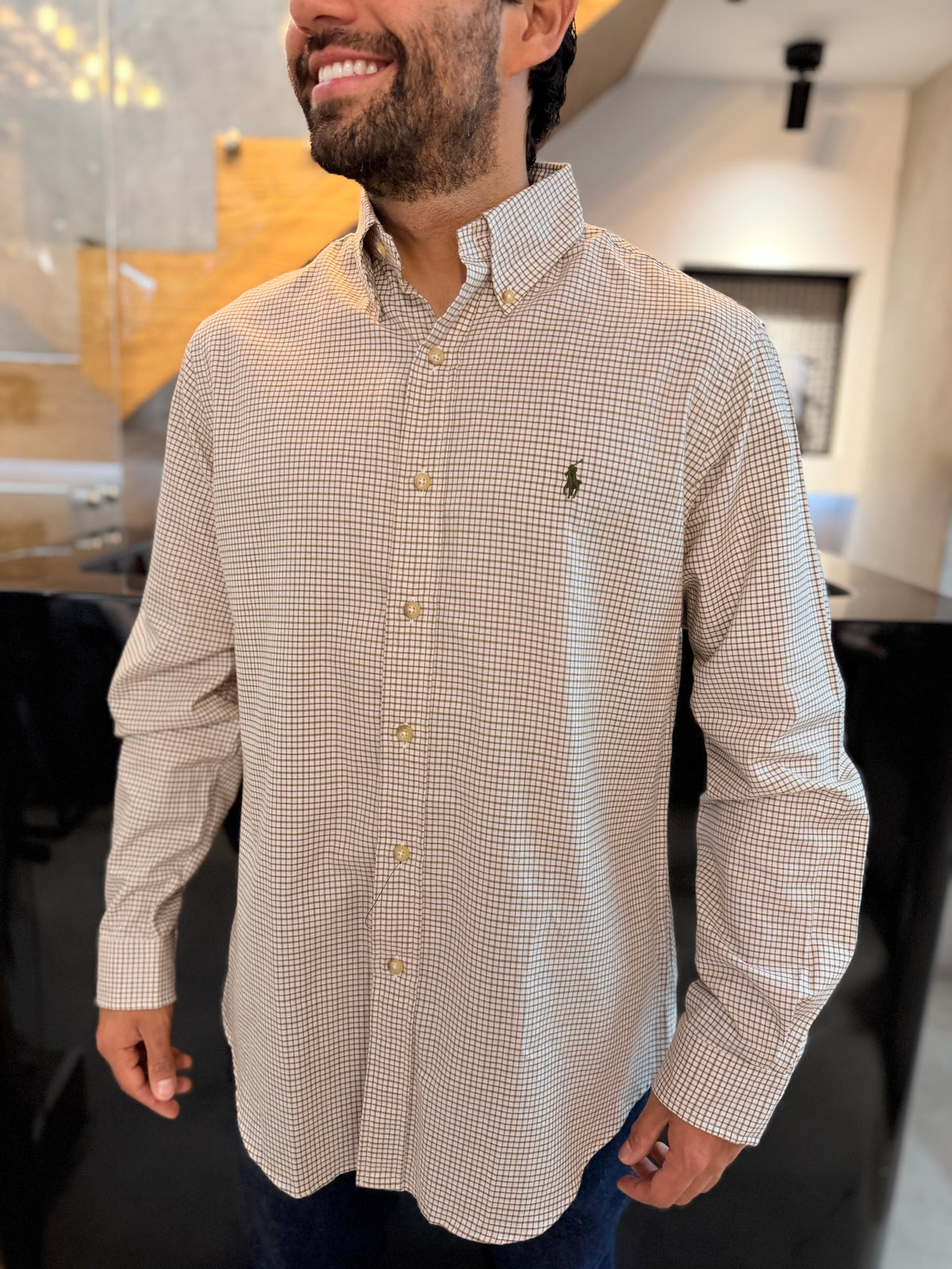 Camisa Polo R.L hombre Algodón Cuadros Blancos Caballo Verde Militar
