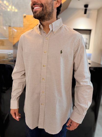 Camisa Polo R.L hombre Algodón Cuadros Blancos Caballo Verde Militar