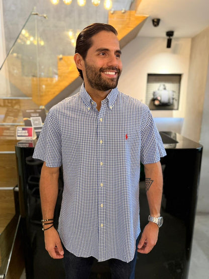 Camisa Polo R.L hombre Manga Corta Galleta Cuadros Azules Con Blanco Caballo Rojo