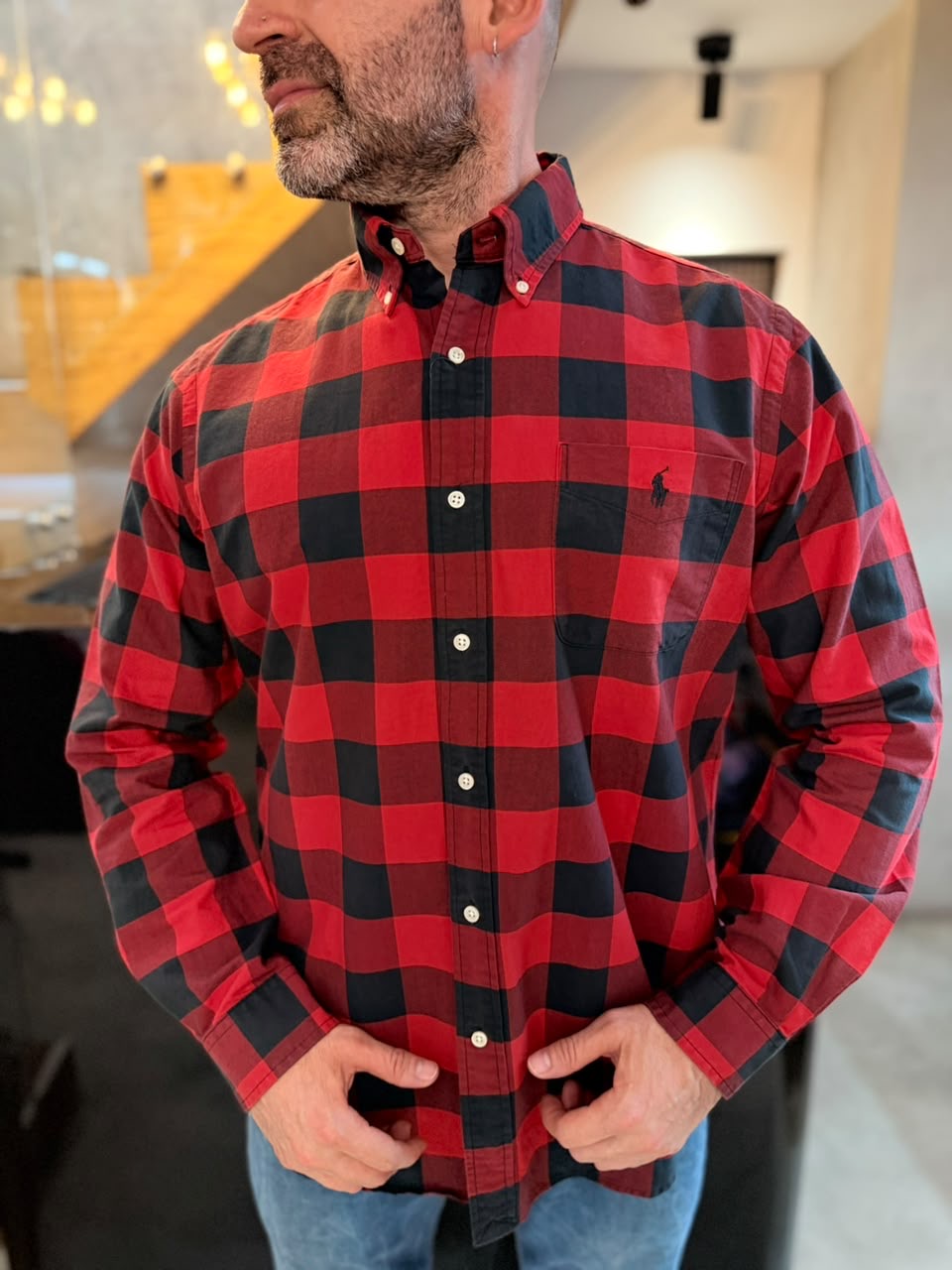 Camisa Polo R.L hombre Oxford Leñadora Caballo Negro