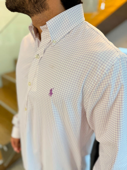 Camisa Polo R.L hombre Algodón Performance Cuadros Blancos Con Lila Caballo Uva