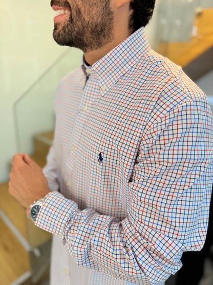 Camisa Polo R.L hombre Algodón Cuadros Blancos Caballo Azul