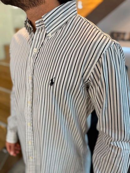 Camisa Polo R.L hombre Algodón Custom Fit Rayas Blancas Con Negro Caballo Negro