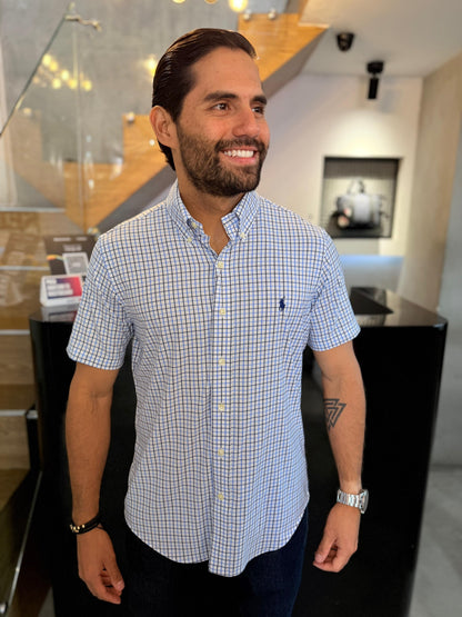 Camisa Polo R.L hombre Manga Corta Performance Cuadros Blancos Caballo Azul