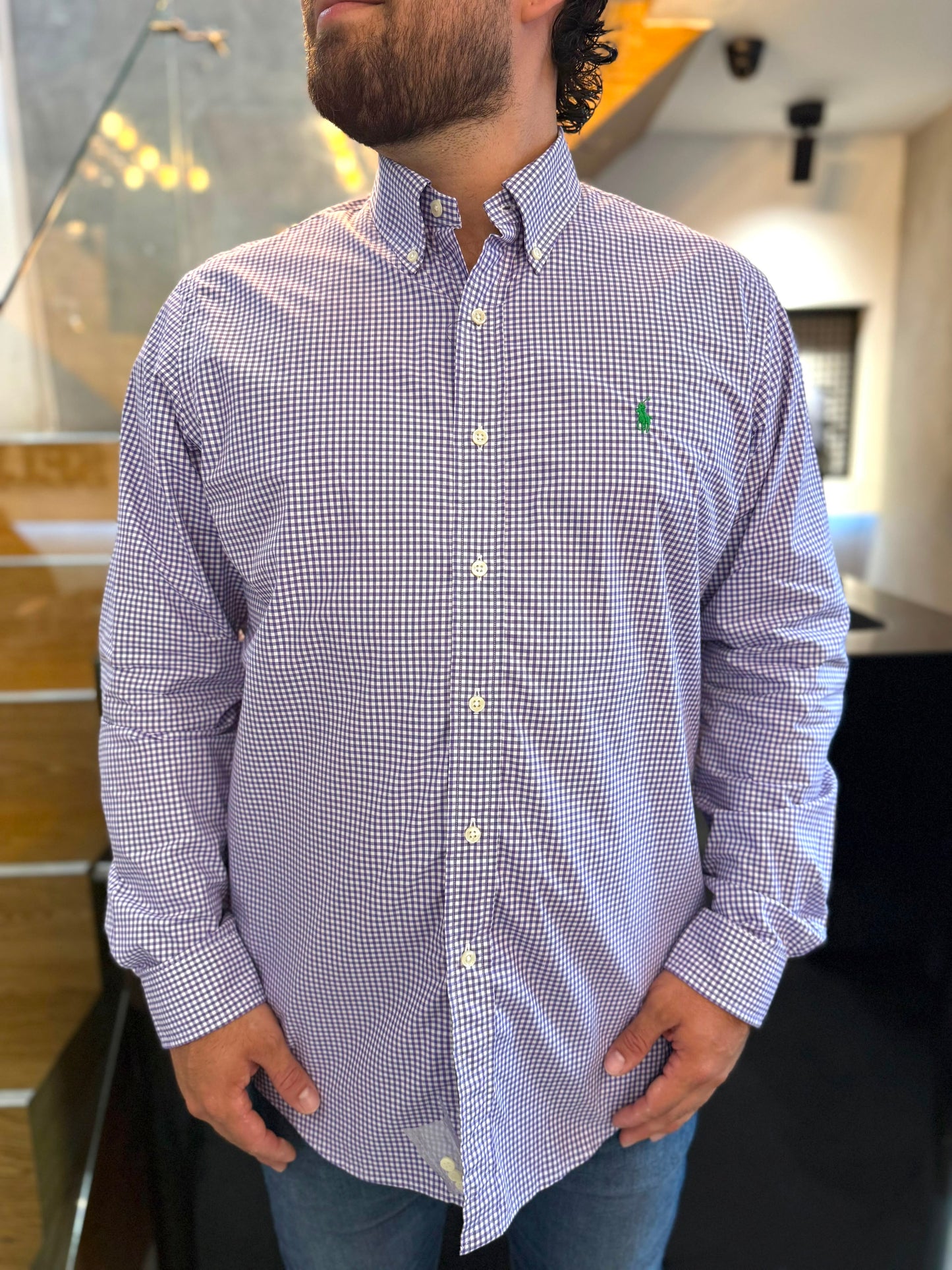 Camisa Polo R.L hombre Algodón Cuadros Morados Caballo Verde