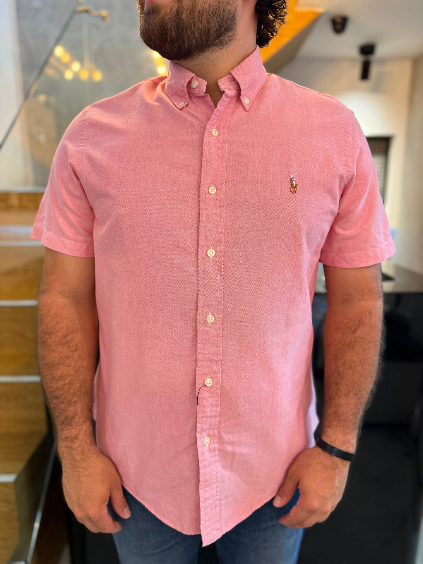 Camisa Polo R.L hombre Oxford   Manga Corta Rosada Caballo Multicolor