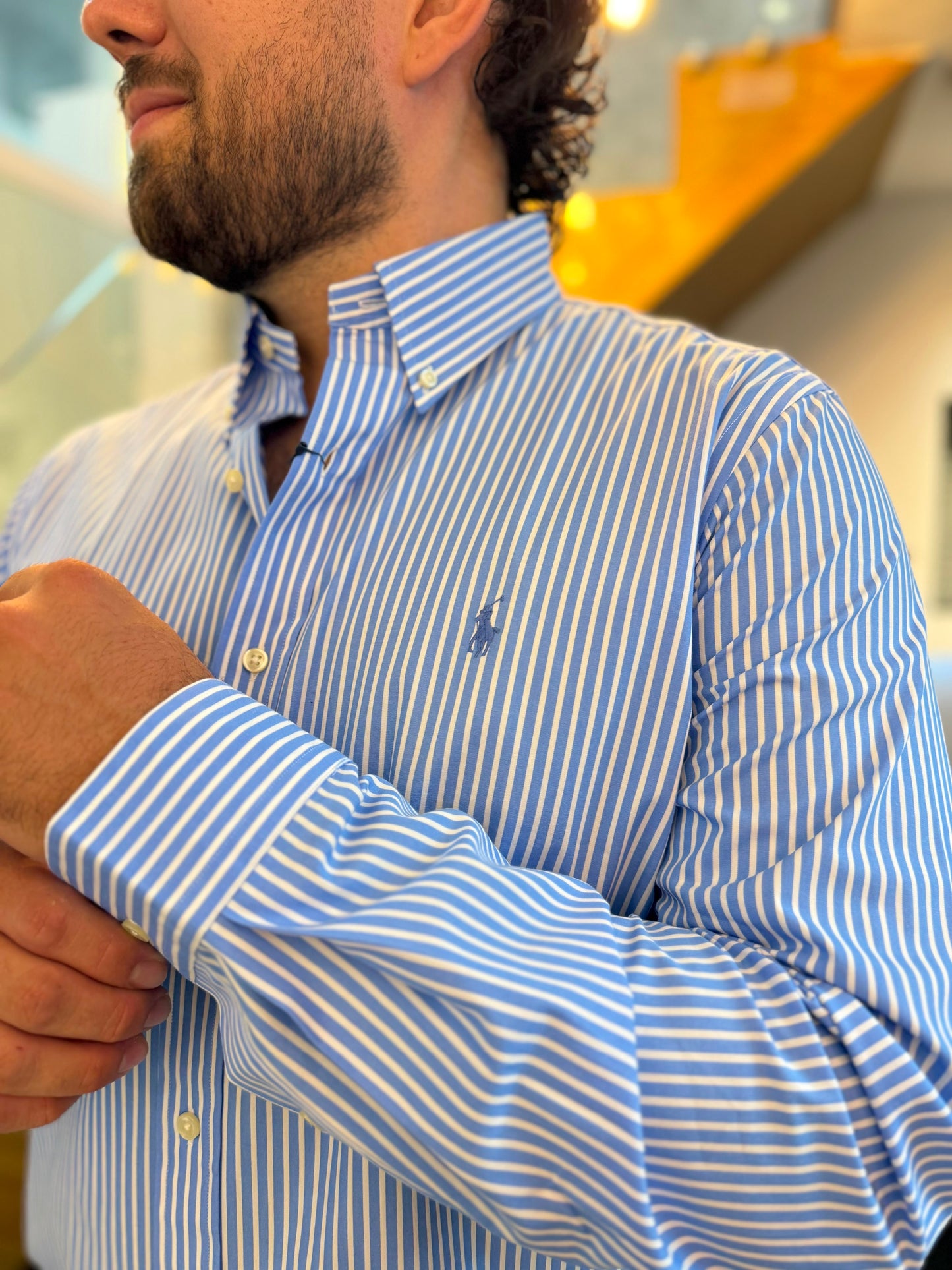 Camisa Polo R.L hombre Algodón Rayas Celestes Caballo Celeste