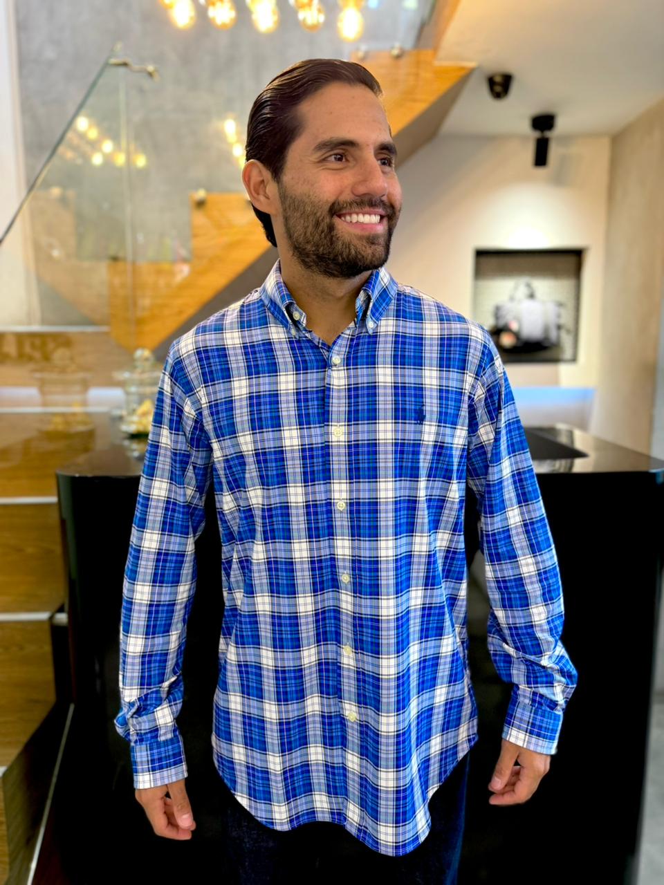 Camisa Polo R.L hombre Algodón Cuadros Azules Caballo Azul