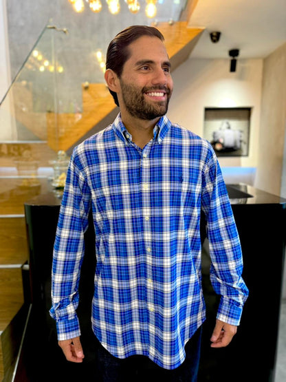 Camisa Polo R.L hombre Algodón Cuadros Azules Caballo Azul