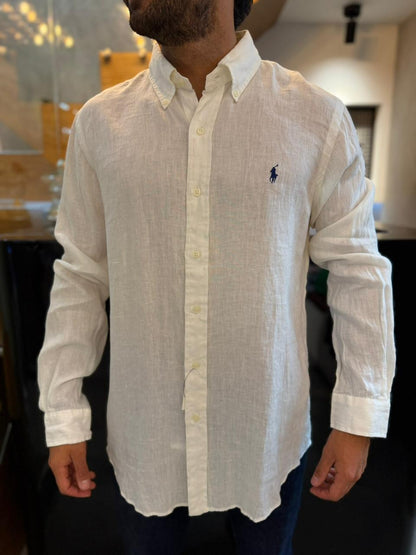 Camisa Polo R.L hombre Lino Blanca Caballo Azul
