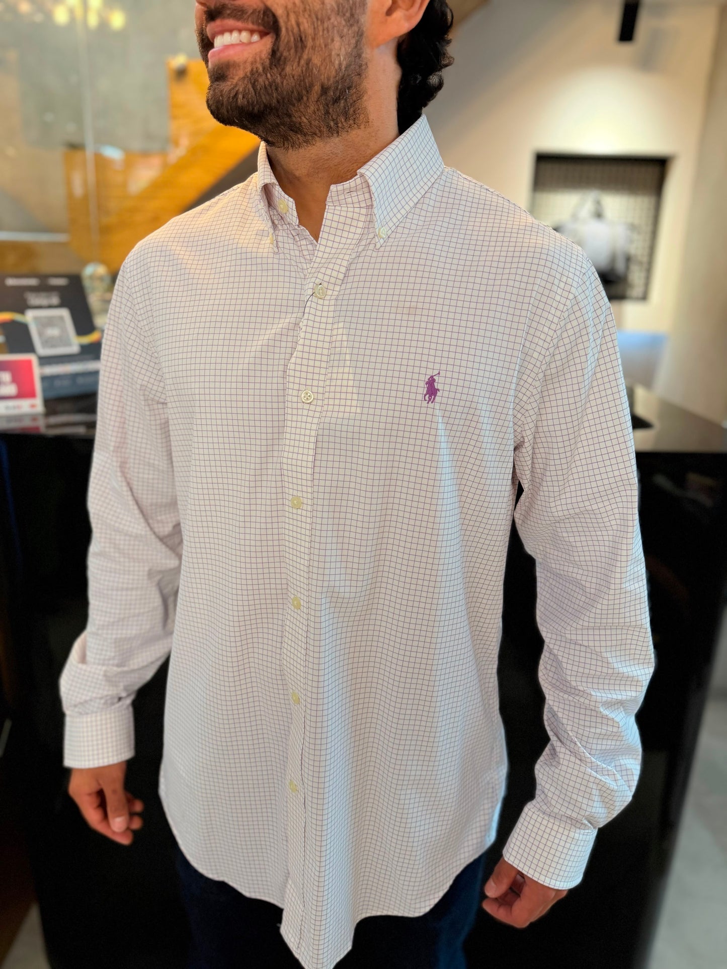 Camisa Polo R.L hombre Algodón Performance Cuadros Blancos Con Lila Caballo Uva