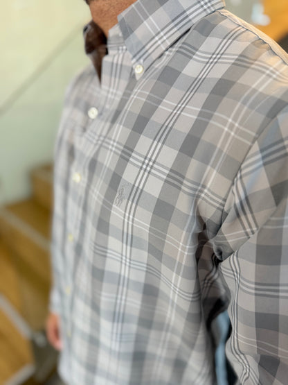 Camisa Polo R.L hombre Algodón Cuadros Grises Caballo Gris