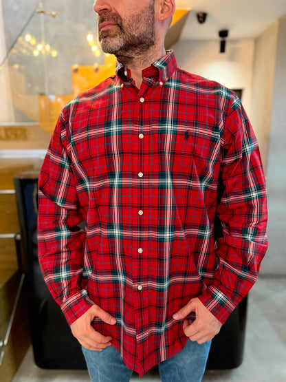 Camisa Polo R.L hombre Algodón Cuadros Rojos Caballo Negro