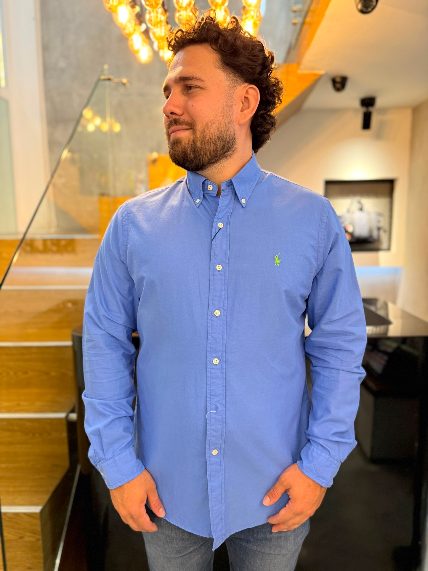 Camisa Polo R.L hombre Algodón Azul Caballo Verde