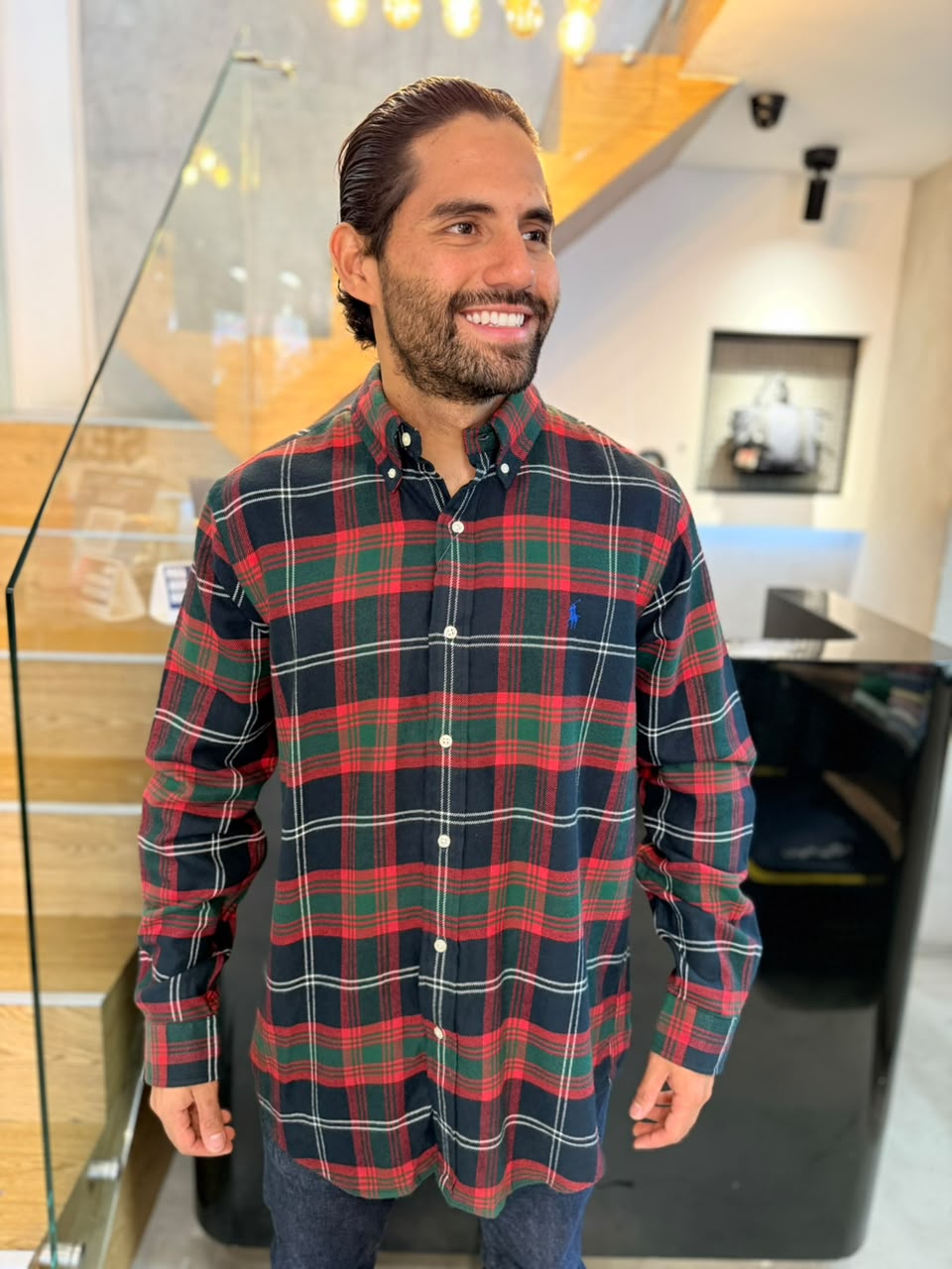 Camisa Polo R.L hombre Algodón Grueso Cuadros Rojos Con Verde Caballo Azul