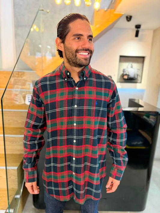 Camisa Polo R.L hombre Algodón Grueso Cuadros Rojos Con Verde Caballo Azul