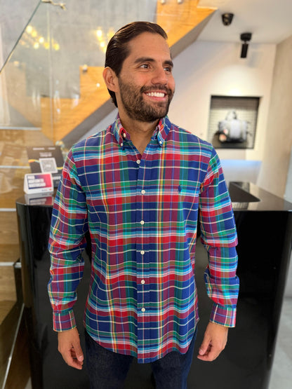 Camisa Polo R.L hombre Oxford Cuadros Colores Caballo Azul