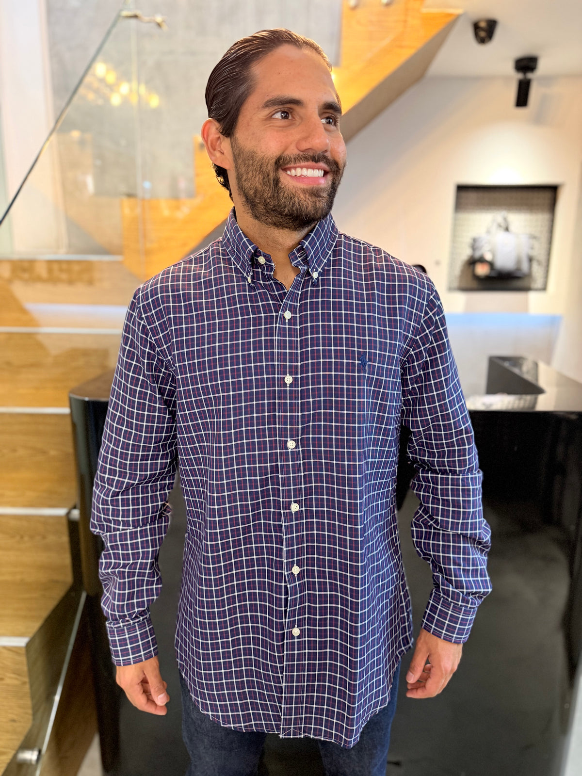 Camisa Polo R.L hombre Algodón  Cuadros Azules Oscuros Caballo Azul