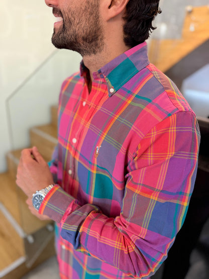 Camisa Polo R.L hombre Oxford Cuadros Rosados con Verde Caballo Multicolor