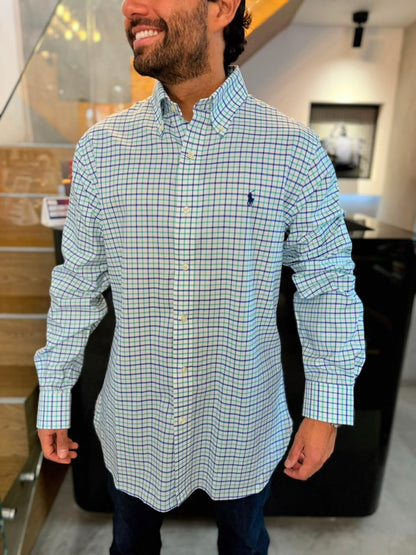 Camisa Polo R.L hombre Algodón Custom Fit Cuadros Blancos Con Verde Caballo Azul