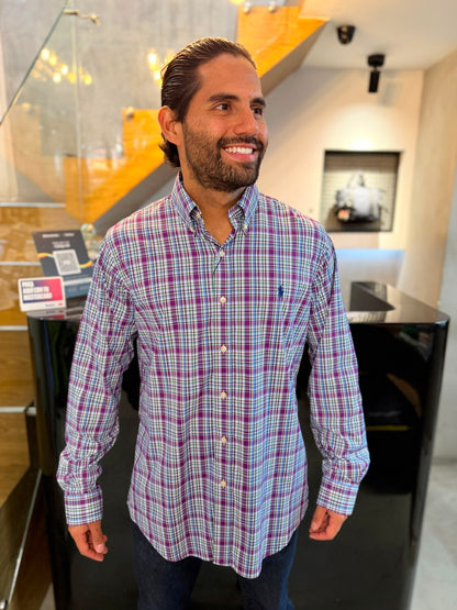 Camisa Polo R.L hombre Algodón Performance Cuadros Uva Con Verde Caballo Azul