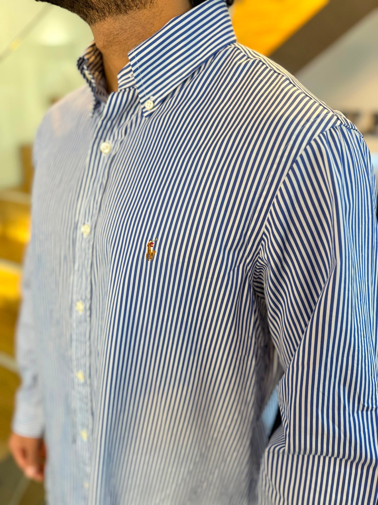 Camisa Polo R.L hombre Algodón Rayas Azules Con Blanco Caballo Multicolor
