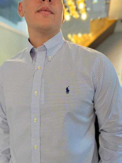 Camisa Polo R.L hombre Algodón Custom Fit Cuadros Azules Caballo Azul