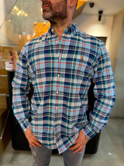 Camisa Polo R.L hombre Oxford Cuadros Verdes Con Morado Caballo Multicolor