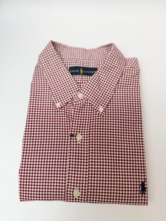Camisa Polo R.L hombre Oxford Cuadros Vinotinto Caballo Azul