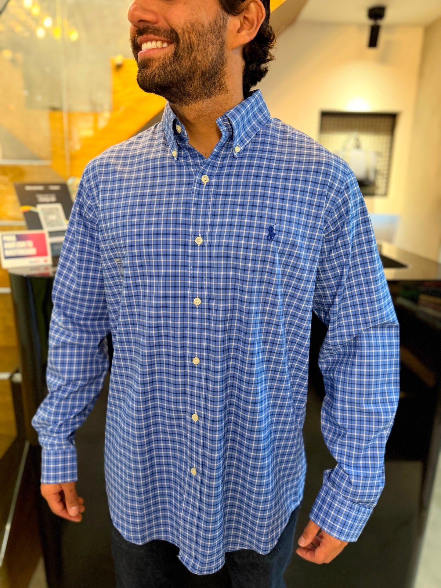 Camisa Polo R.L hombre Algodón Cuadros Azules Caballo Azul