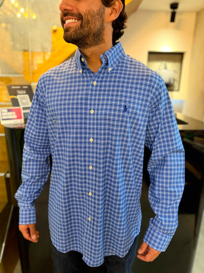 Camisa Polo R.L hombre Algodón Cuadros Azules Caballo Azul