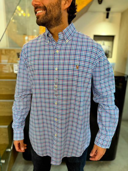 Camisa Polo R.L hombre Oxford Cuadros Azules Con Rojo Caballo Multicolor