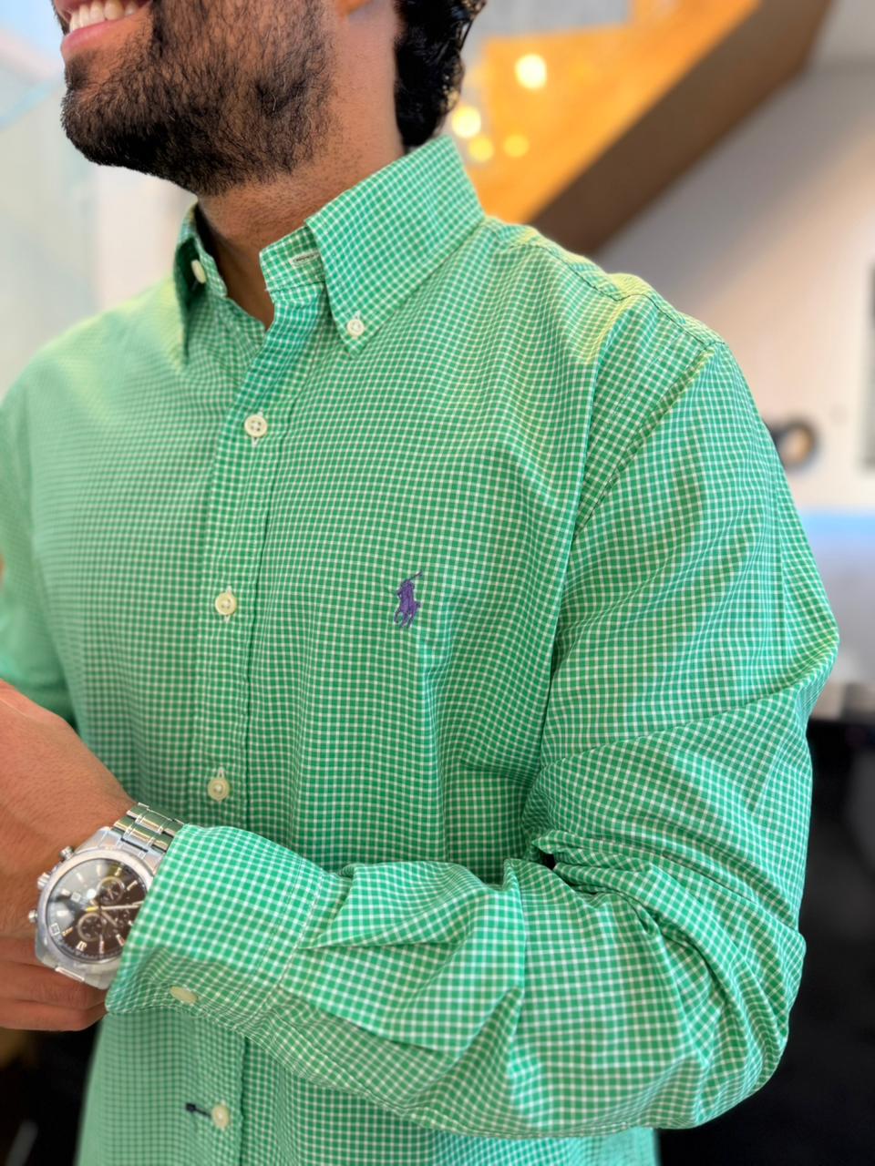 Camisa Polo R.L hombre Algodón Cuadros Verdes Caballo Morado