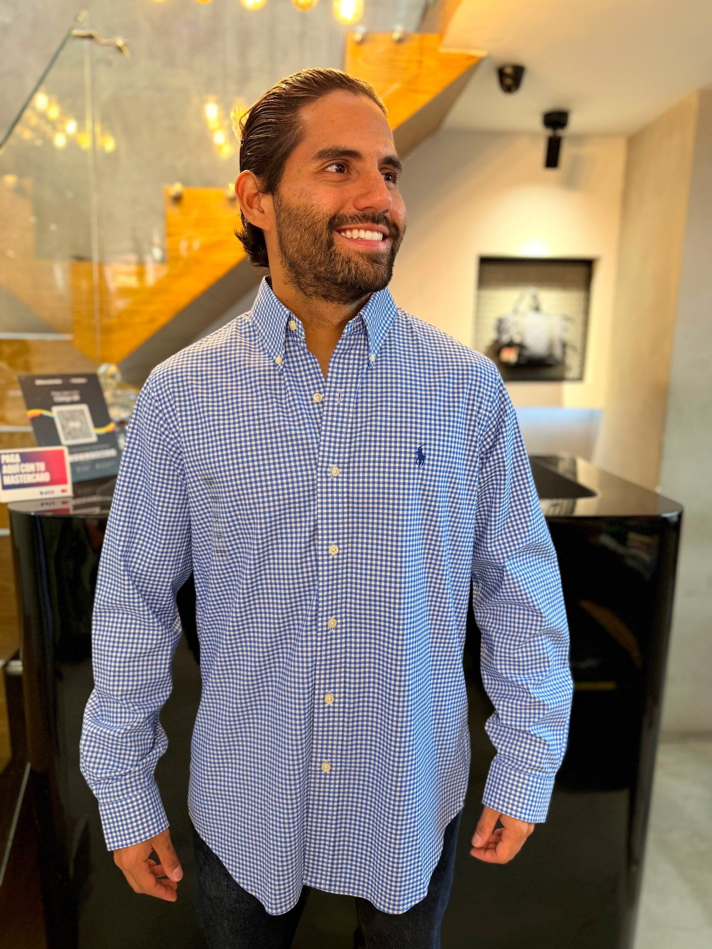 Camisa Polo R.L hombre Algodón Performance  Cuadros Azules Con Blanco Caballo Azul