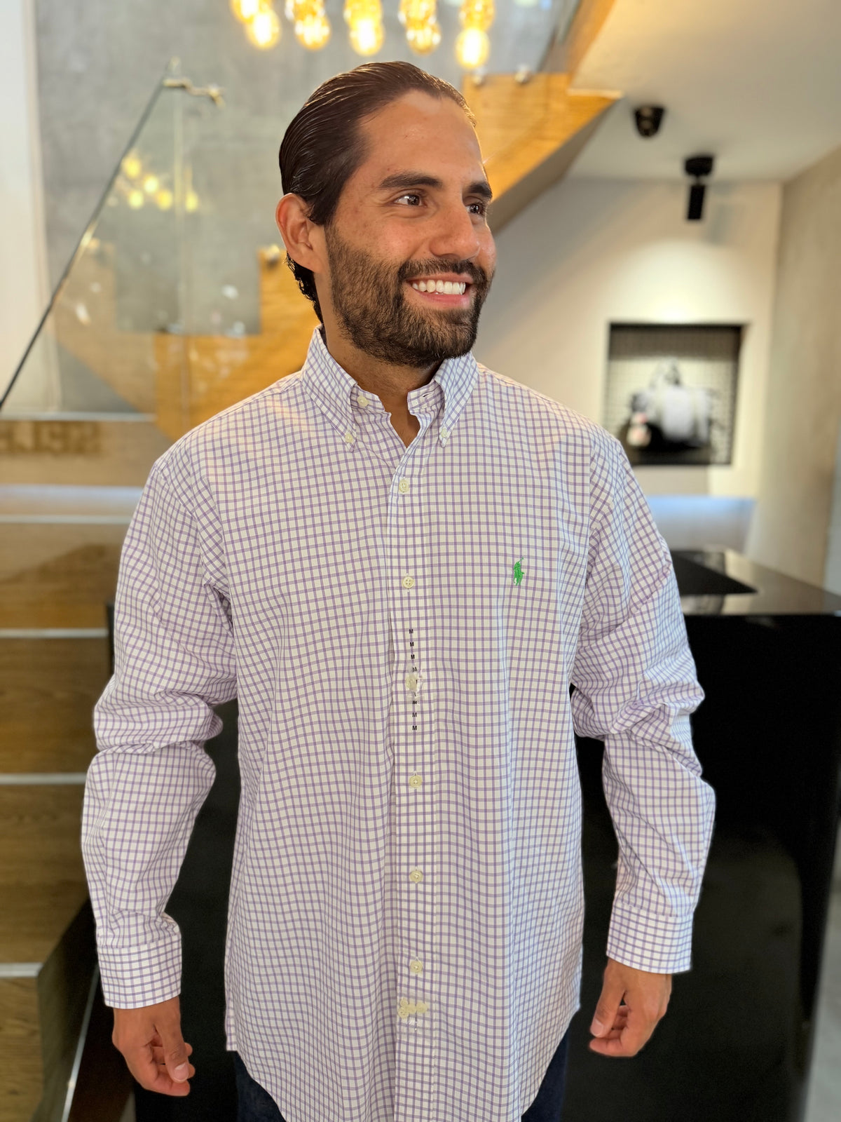Camisa Polo R.L hombre Algodón Cuadros Blancos Con Lila Caballo Verde Neón