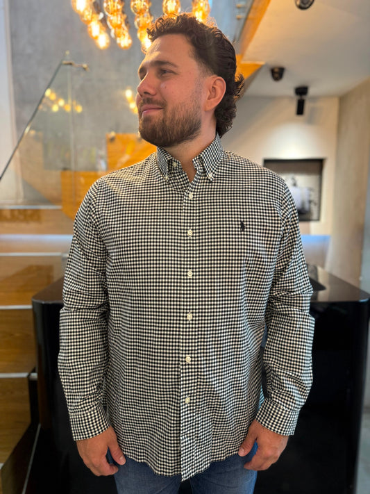 Camisa Polo R.L hombre Algodón Cuadros Negros Caballo Negro