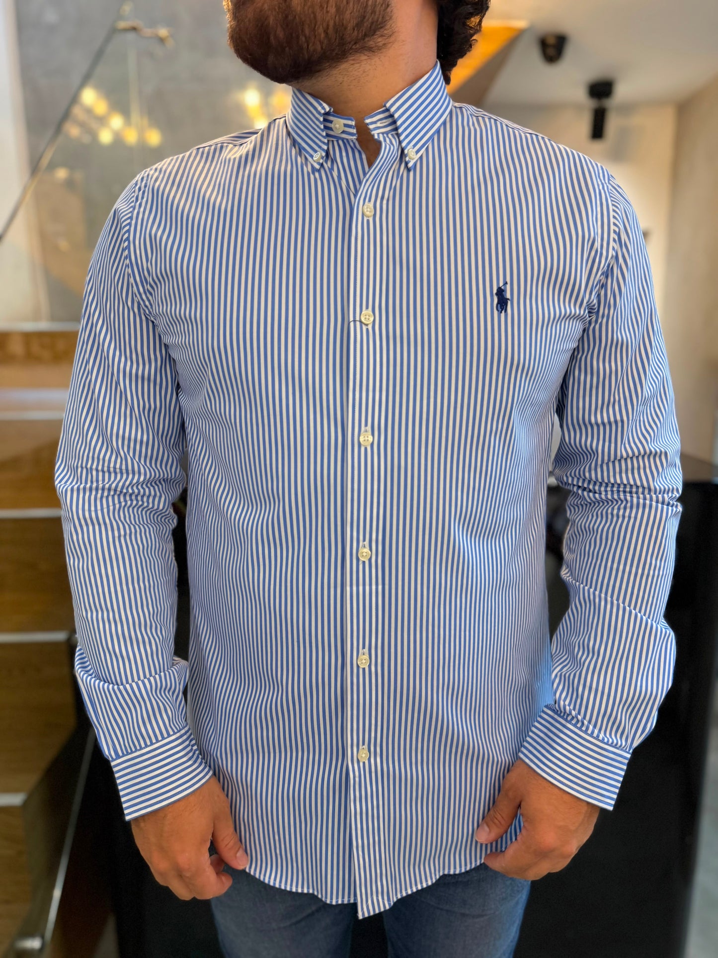 Camisa Polo R.L hombre Algodón Rayas Celestes Caballo Azul