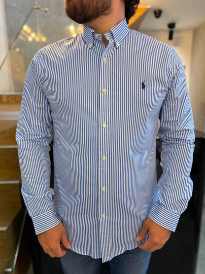 Camisa Polo R.L hombre Algodón Rayas Celestes Caballo Azul