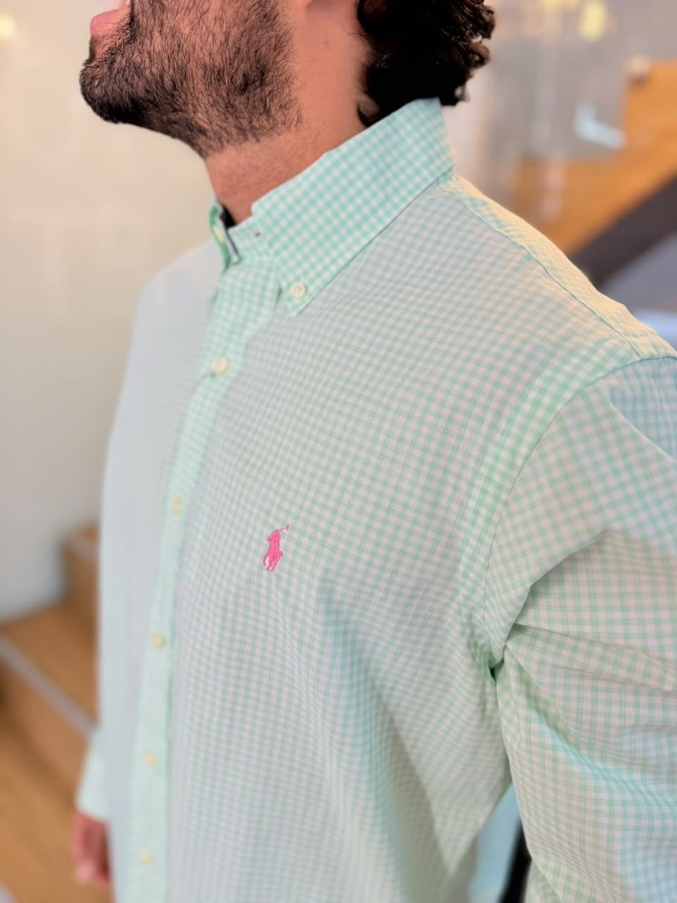 Camisa Polo R.L hombre Algodón Cuadros Verde Pastel Con Blanco Caballo Rosado
