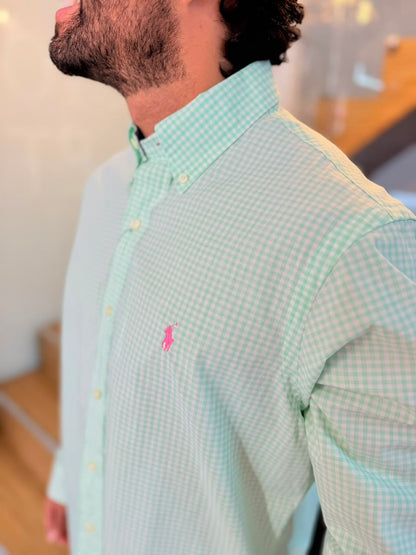 Camisa Polo R.L hombre Algodón Cuadros Verde Pastel Con Blanco Caballo Rosado